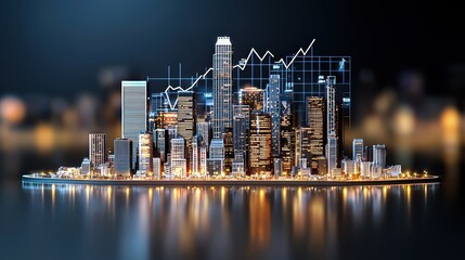 Futuristic City Skyline with Financial Graphs and Reflections in the Water at Night