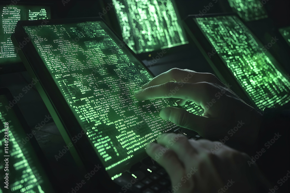 Poster close-up of hands typing on backlit keyboard with glowing green code screens
