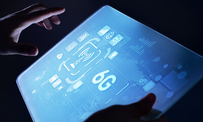 6G New generation telecommunication fast internet and technology concept on virtual screen.