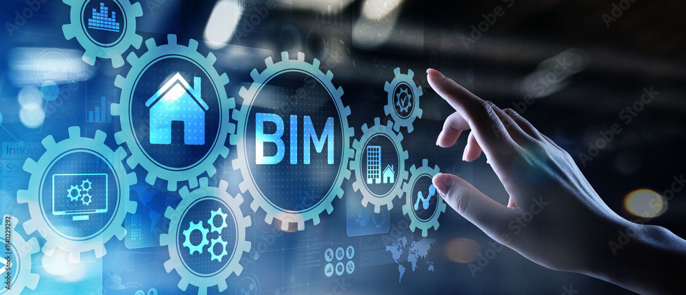Poster bim building information modeling technology concept on virtual screen.