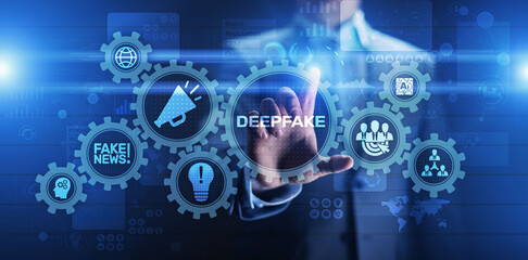 Deep Fake news artificial intelligence in media technology concept on virtual screen.