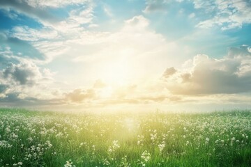 Bright sunrise over a lush green field filled with blooming flowers and soft clouds