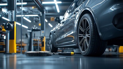 Fototapeta premium A clean and simple image showing a set of wheel alignment tools placed near a car lift platform representing the equipment and facilities used for automotive repair maintenance
