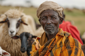 Silhouette of a african shepherd herding sheep generative AI