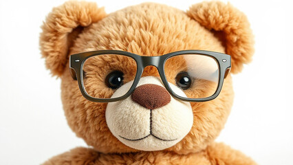 Teddy Bear Plush Close-Up With Glasses: Teddy Bear Plush Close-Up: A plush teddy bear wearing small, rectangular glasses with soft frames, adding a refined and quirky touch to its minimalistic design