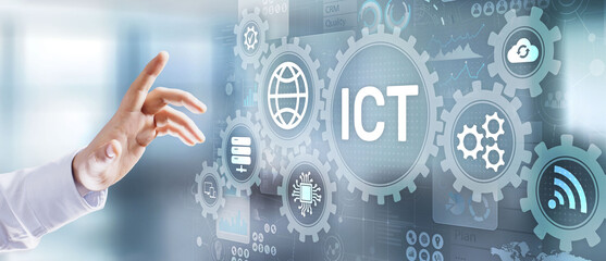 ICT - Information and communication technology concept on virtual screen.