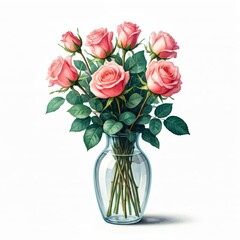 Fototapeta premium Pink Roses Bouquet in Glass Vase: A delicate bouquet of pink roses, arranged in a clear glass vase, captures the beauty and elegance of nature. The intricate details of the petals and leaves.