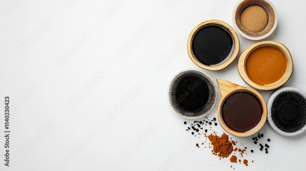 Poster sleek and contemporary composition featuring an oil funnel and various filters neatly arranged on a 