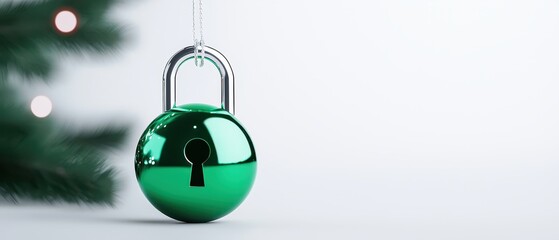 A shiny green lock ornament hanging against a light background, symbolizing security.
