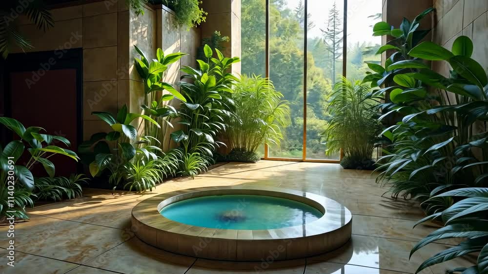 Poster serenity of a tranquil indoor space with lush greenery and a calming water feature in the background