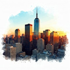 Naklejka premium NYC Sunset Watercolor: A captivating watercolor painting of the New York City skyline at sunset, showcasing iconic skyscrapers bathed in warm, golden light.