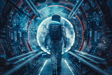 Generative AI Portrait of a Time Traveler Exploring Futuristic Megapolis big city