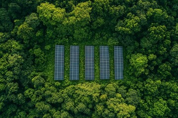 Aerial view of four solar panels nestled in a lush green forest.