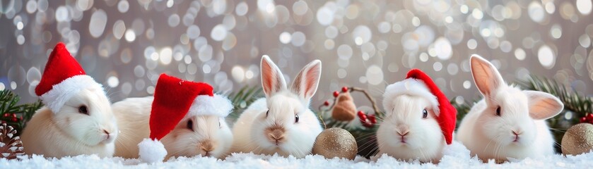 snow rabbits in christmas outfit outdoor in snow landscape