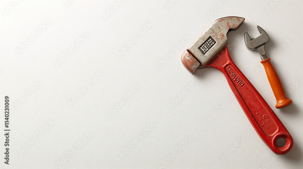 Poster close up image of an adjustable pipe wrench with a red handle placed on a clean white surface the to