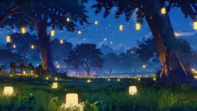 A lush meadow filled with soft grass, gentle fireflies, and lanterns hanging from invisible strings creating a serene ambiance, 4k High-Quality Wallpaper Background Animation Video