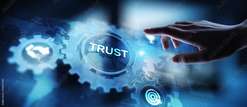 Poster trust customer relations reliability business concept. pointing and pressing on virtual screen.