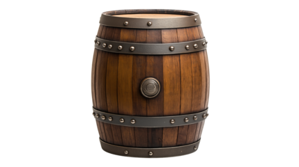 A wooden barrel with metal banding on a transparent background 