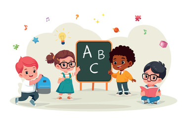 Happy kids read book and study together