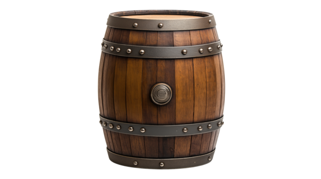 A wooden barrel with metal banding on a transparent background 