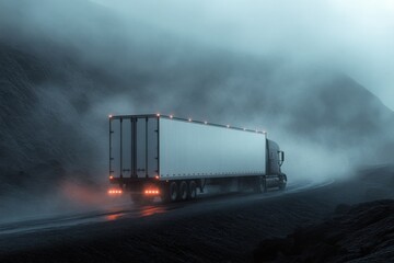 Misty mountain pass adventure semi truck navigates foggy terrain scenic road atmospheric view transport journey