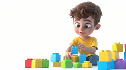 A cartoon boy playing with building blocks.