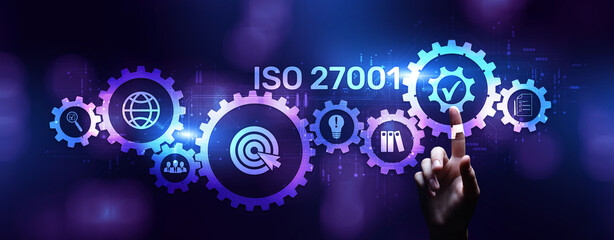 ISO 27001 Standard certification standardisation quality control concept on screen.