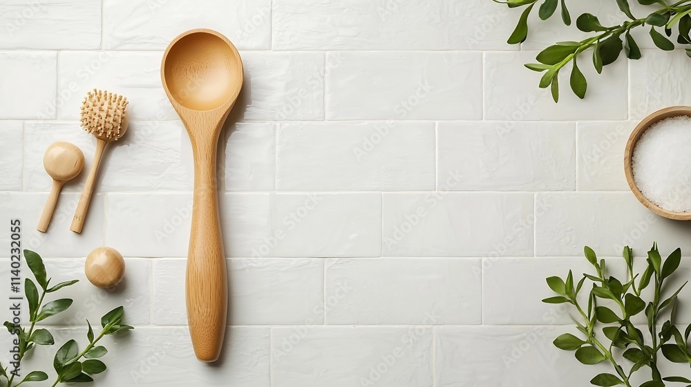 Poster elegant wooden handled plunger placed on a tiled background with ample copy space showcasing a minim