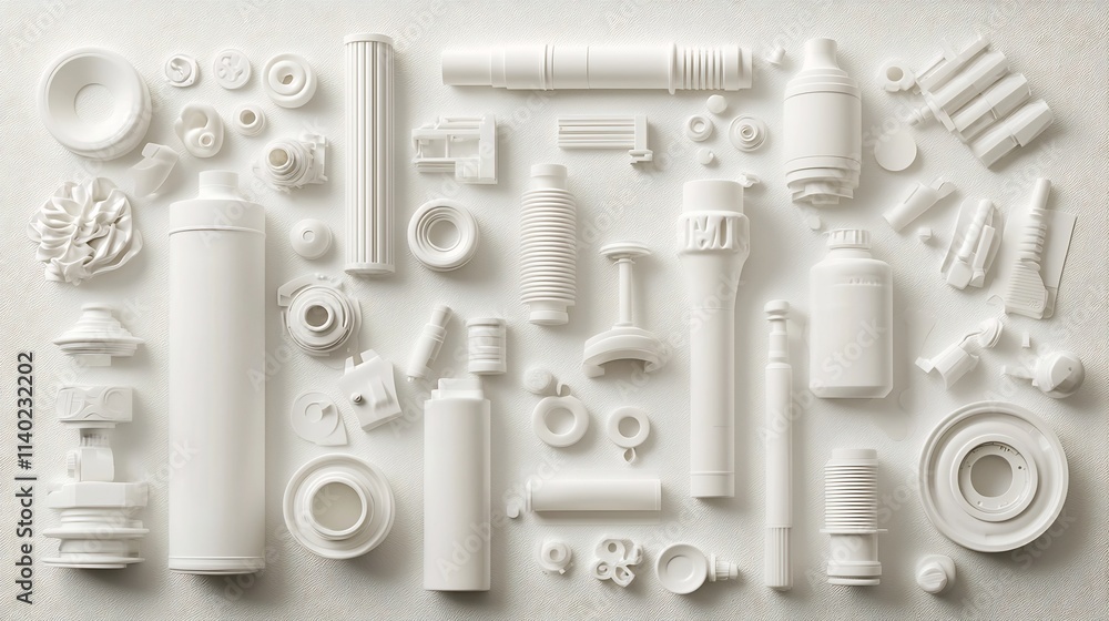 Poster a clean and minimalist composition showcasing an assortment of pvc pipe fittings elbows and joints n