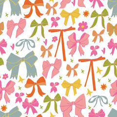 Vector seamless pattern with cute holiday bows on white isolated background. Multicolored repeating pattern with ribbons. Design for textiles, wrapping paper and wallpaper.