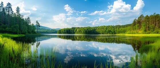 Fototapeta premium A serene forest lake reflects the sky, surrounded by greenery and mountains, creating a tranquil scene for reflection and relaxation.
