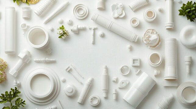 Meticulously laid out PVC pipe fittings elbows and joints displayed on a clean white surface showcasing the essential components used in construction engineering and plumbing projects