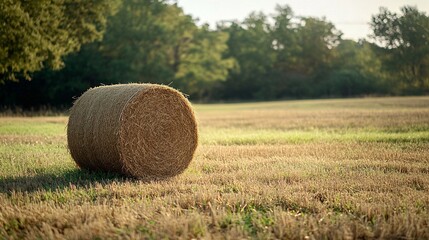 Round bale of hay resting in a field at sunset with trees in background