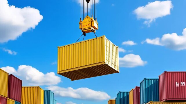 A crane skillfully hoists a yellow container above a busy shipping yard filled with various colored containers. The bright blue sky and fluffy clouds create a picturesque backdrop