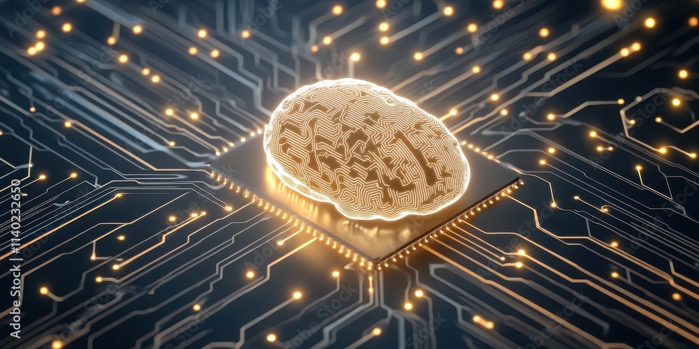 Aufkleber a futuristic digital circuit board featuring a glowing microchip at its center, symbolizing advanced