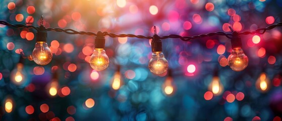 An enchanting display of illuminated light bulbs against a backdrop of vibrant bokeh lights in various colors evokes a warm and festive ambiance.