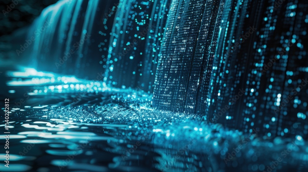 Poster binary code cascading like a digital waterfall into a data lake, illustrating the concepts of big da