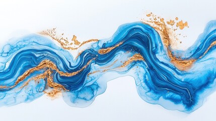 Abstract Fluid Art with Golden Accents and Blue Waves on a White Background