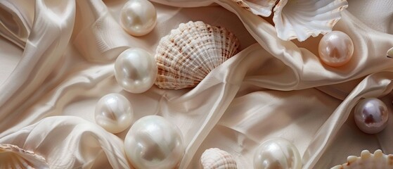 A serene image of pearls and shells on a light beige fabric, showcasing diversity in size and shape. Two partly opened shells add a natural touch, emphasizing a nautical theme