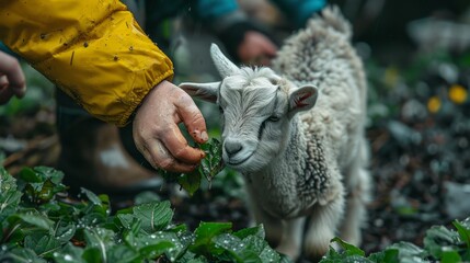 Obraz premium A human in a yellow jacket feeds a white lamb on a grassy field, showing care and connection. Surroundings hint at a rural scene. Warm, serene atmosphere with a bond to nature.
