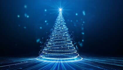 Abstract technological christmas tree shining with light connections on blue background long exposure shot, future