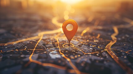 Close-up city map with pin at center against blurred background. Shallow depth of field highlights pin, creating warm and serene vibe.
