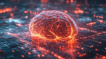 A glowing digital brain on a circuit-like background, symbolizing technology.