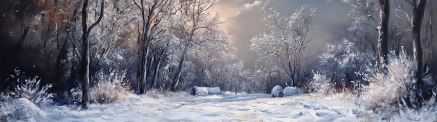Whimsical Winter Wonderland Landscape with Snowy Trees and Sky
