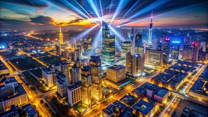Aerial Spotlight Drone Photography: Night Cityscape, Dramatic Lighting, Illuminated Buildings, Urban Exploration, High Angle View