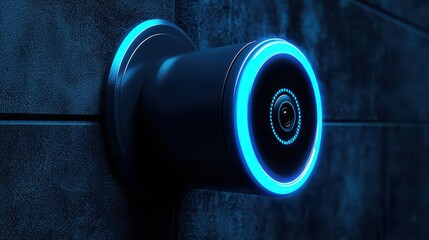Futuristic surveillance camera with a glowing blue ring, mounted on a dark wall.