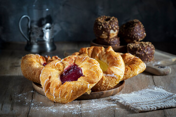 Fresh baked goods on a wooden table