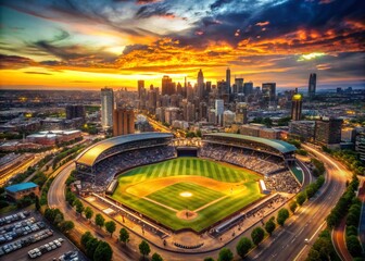 Obraz premium Aerial Sunset Baseball Stadium City Skyline Game Night Photography