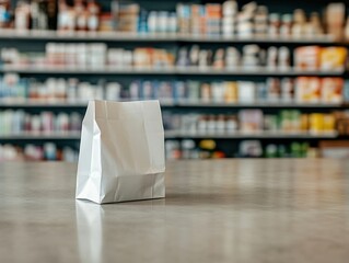 white paper bag, paper bag on a pharmacy countertop