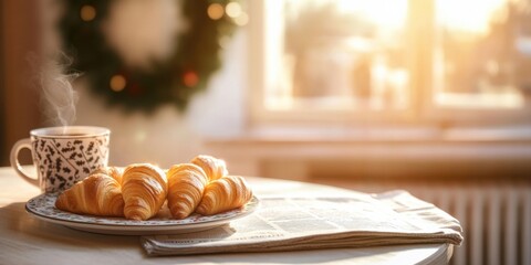 Obraz premium Holiday-themed breakfast nook with croissants cozy home setting morning light warm atmosphere